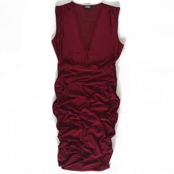 MISSGUIDED Wine Colored Ruched Midi Dress - Picture 1 of 8